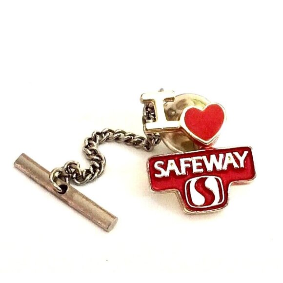 I Heart SAFEWAY Employee Enamel Tie Tack & Chain Lapel Pin Grocery Stores - Picture 1 of 3